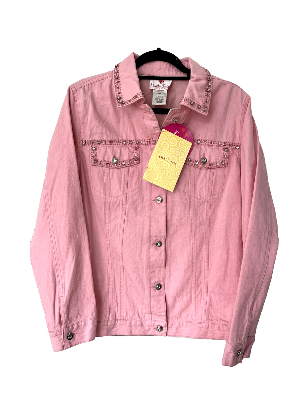 NWT QVC Quaker Factory Pink Rhinestone Embellished Jean Jacket SZ S